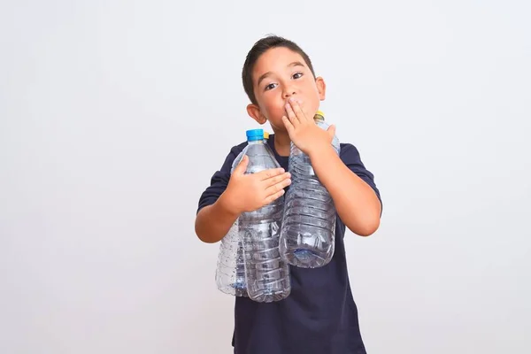 Beautiful Kid Boy Recycling Plastic Bottles Standing Isolated White Background — Stock Photo, Image