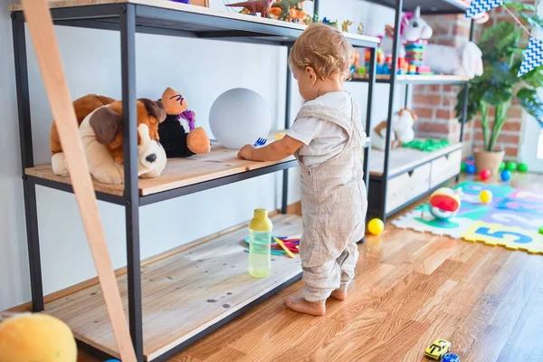 Adorable Blonde Toddler Playing Lots Toys Kindergarten — Stock Photo, Image