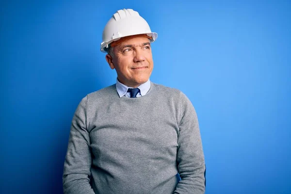Middle Age Handsome Grey Haired Engineer Man Wearing Safety Helmet — Stockfoto