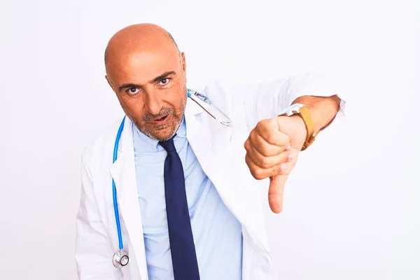 Middle Age Doctor Man Wearing Stethoscope Tie Standing Isolated White — 图库照片