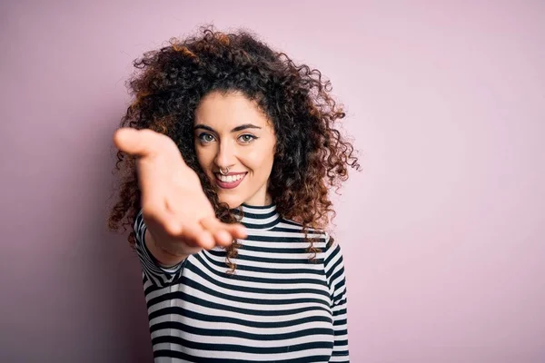 Young Beautiful Woman Curly Hair Piercing Wearing Casual Striped Shirt — Stock Photo, Image