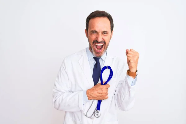 Middle Age Doctor Man Wearing Coat Holding Stethoscope Isolated White — 图库照片