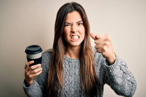 Young Beautiful Girl Drinking Cup Coffee Standing Isolated White Background — Stock Photo, Image