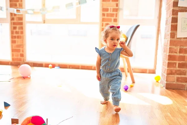 Beautiful Caucasian Infant Playing Toys Colorful Playroom Happy Playful Kindergarten — Stock Photo, Image