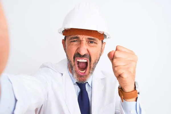 Middle Age Engineer Man Wearing Helmet Make Selfie Isolated White — Stock Photo, Image