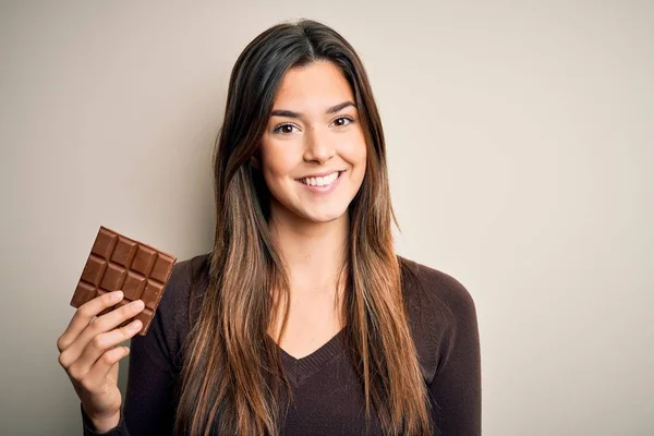 Young Beautiful Girl Holding Sweet Bar Chocolate Isolated White Background — Stock Photo, Image