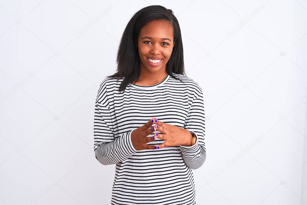 Beautiful young african american woman wearing winter sweater over isolated background Hands together and fingers crossed smiling relaxed and cheerful. Success and optimistic
