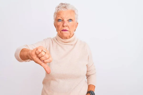 Senior Grey Haired Woman Wearing Turtleneck Sweater Standing Isolated White — Stock Photo, Image