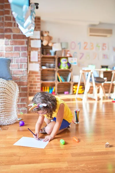 Beautiful Toddler Wearing Glasses Unicorn Diadem Sitting Floor Drawing Using — 스톡 사진