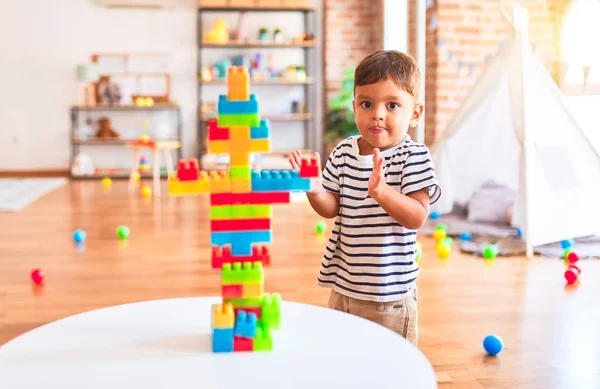 Beautiful Toddler Boy Playing Construction Blocks Kindergarten — Stock Photo, Image