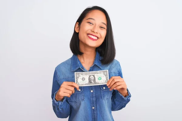 Jovem Mulher Chinesa Bonita Segurando Dólar Sobre Fundo Branco Isolado — Fotografia de Stock