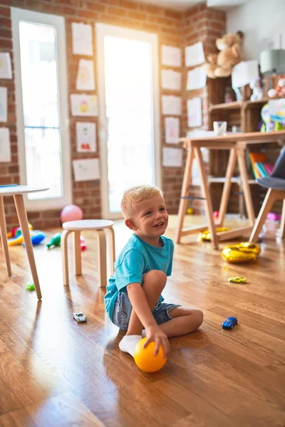 Young Caucasian Kid Playing Kindergarten Balls Preschooler Happy Boy Toys — Stock Photo, Image