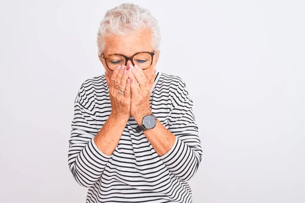 Senior Grey Haired Woman Wearing Striped Navy Shirt Glasses Isolated — Stock Photo, Image