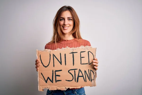Young Beautiful Activist Woman Asking Change Holding Banner United Stand — 스톡 사진