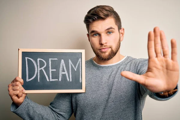 Young Blond Man Beard Blue Eyes Holding Blackboard Dream Message — Stok fotoğraf