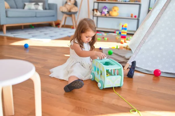 Adorable Blonde Toddler Playing Car Toy Lots Toys Kindergarten — Stock Photo, Image