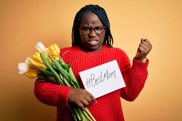 Taille Femme Afro Américaine Tenant Meilleur Message Maman Tulipes Sur — Photo