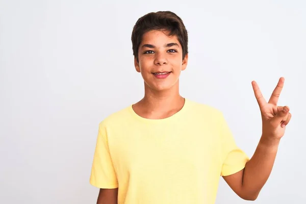 Красивый Подросток Стоящий Белом Изолированном Фоне Показывающий Пальцами Номер Два — стоковое фото