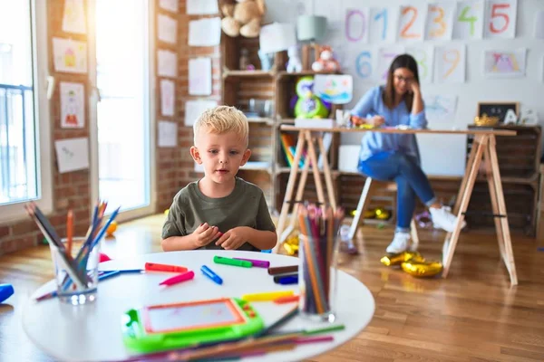 Young Caucasian Child Playing Playschool Teacher Mother Son Playroom Drawing — Stock Photo, Image
