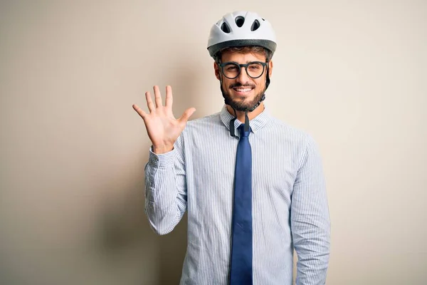 Joven Hombre Negocios Con Gafas Casco Bicicleta Pie Sobre Terreno —  Fotos de Stock