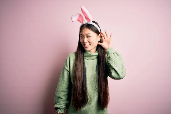 Young Asian Woman Wearing Cute Easter Bunny Ears Pink Background — Stock Photo, Image