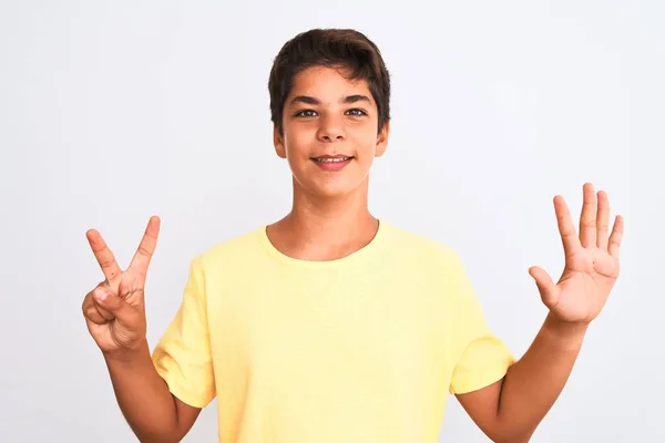 Bonito Adolescente Menino Sobre Fundo Isolado Branco Mostrando Apontando Para — Fotografia de Stock