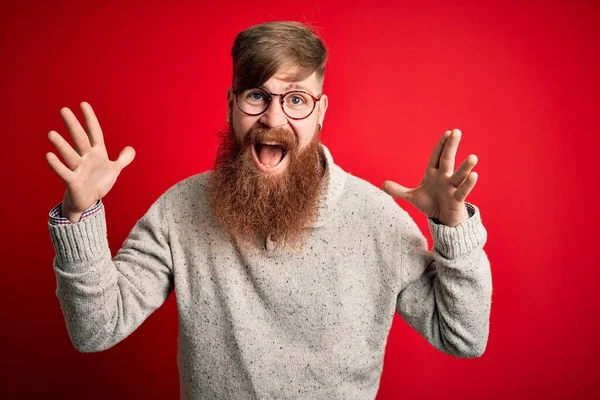 Handsome Irish Redhead Man Beard Wearing Casual Sweater Glasses Red — Stock Photo, Image
