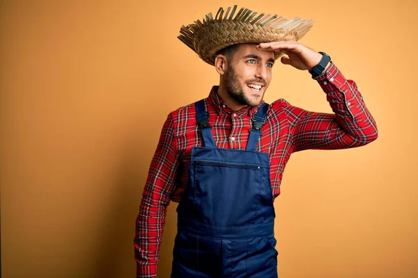 Tânărul Fermier Din Mediul Rural Purtând Pălărie Peste Fundal Galben — Fotografie, imagine de stoc