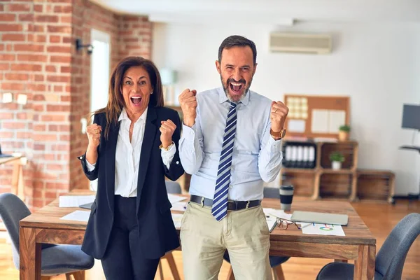 Due Lavoratori Mezza Età Che Lavorano Insieme Incontro Ufficio Celebrare — Foto Stock