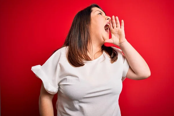 Belle Brune Taille Femme Portant Shirt Décontracté Sur Fond Rouge — Photo