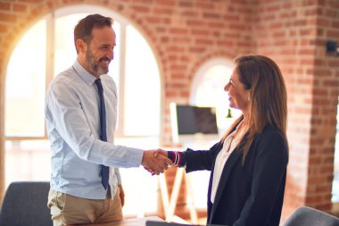 Mutlu ve kendinden emin gülümseyen iki orta yaşlı iş adamı. Birlikte çalışırken yüzünüzde gülümseme, bilgisayarınızı kullanarak ofiste el sallıyorsunuz.