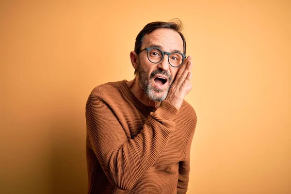 Middle Age Hoary Man Wearing Brown Sweater Glasses Isolated Yellow — Stock Photo, Image