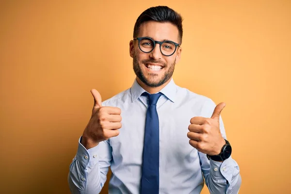 Joven Hombre Negocios Guapo Con Corbata Gafas Pie Sobre Signo —  Fotos de Stock