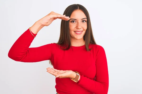 Jong Mooi Meisje Draagt Rode Casual Shirt Staan Geïsoleerde Witte — Stockfoto