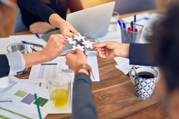 Group Business Workers Hands Together Connecting Pieces Puzzle Office — Stock Photo, Image