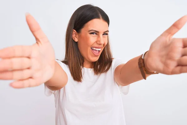 Portrait Beautiful Young Brunette Woman Standing Isolated White Background Looking — Stock Photo, Image