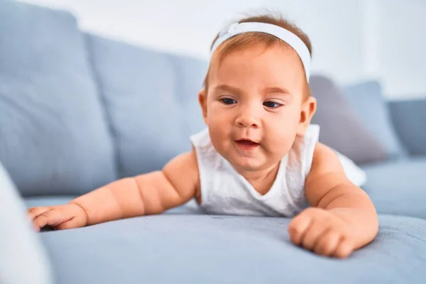 Adorable Baby Lying Sofa Home Newborn Relaxing Resting Comfortable — Stock Photo, Image