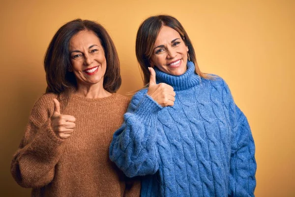 Medioevo Bella Coppia Sorelle Che Indossano Maglione Casual Sfondo Giallo — Foto Stock