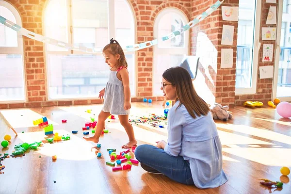 Caucasian Girl Kid Playing Learning Playschool Female Teacher Mother Daughter — Stock Photo, Image