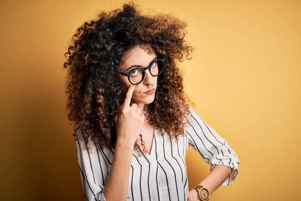 Young Beautiful Woman Curly Hair Piercing Wearing Striped Shirt Glasses — Stock Photo, Image