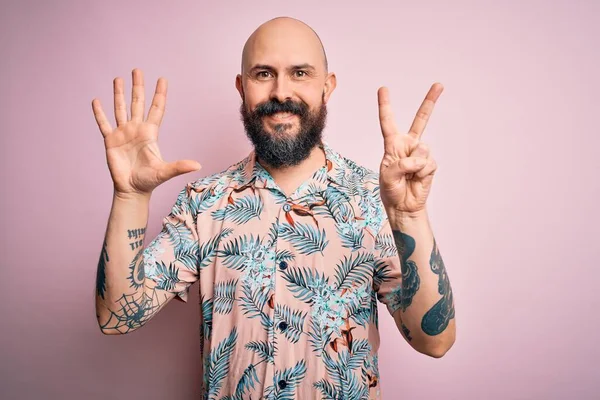 Handsome Bald Man Beard Tattoo Wearing Casual Floral Shirt Pink — Stock Photo, Image