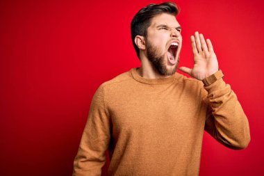 Sakallı ve mavi gözlü genç bir adam kırmızı arka planda sıradan bir süveter giyiyor ve el ele tutuşarak bağırıyor. İletişim konsepti.