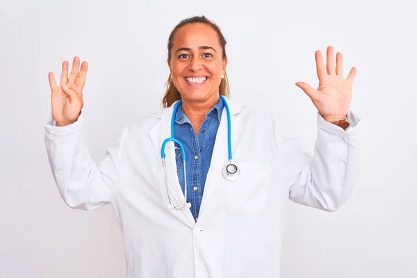 Middle Age Mature Doctor Woman Wearing Stethoscope Isolated Background Showing — Stock Photo, Image