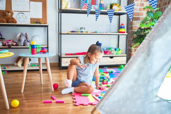 Young Beautiful Blonde Girl Kid Enjoying Play School Toys Kindergarten — Stock Photo, Image