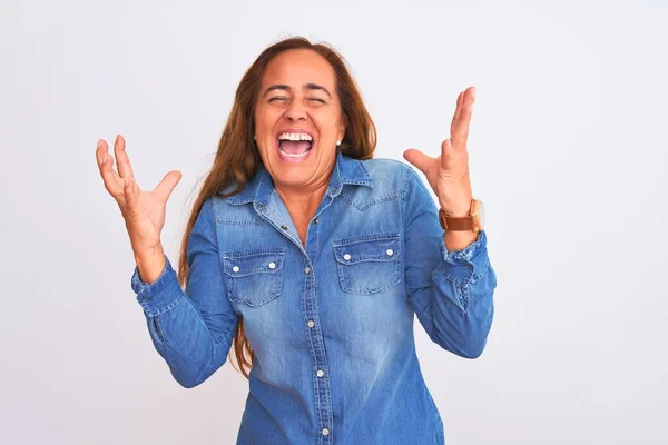 Middle Age Mature Woman Wearing Denim Jacket Standing White Isolated — Stock Photo, Image