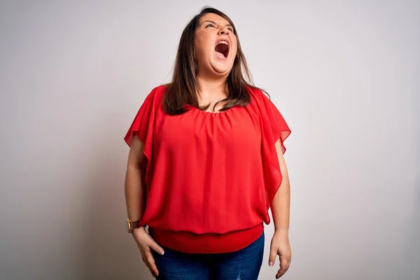 Schöne Brünette Size Frau Trägt Legeres Rotes Shirt Über Isoliertem — Stockfoto