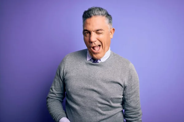 Middle Age Handsome Grey Haired Man Wearing Elegant Sweater Purple — Stock Photo, Image