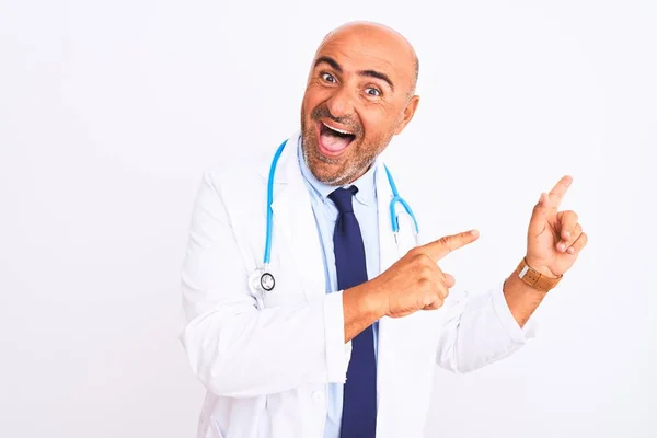 Middle Age Doctor Man Wearing Stethoscope Tie Standing Isolated White — Stock Photo, Image