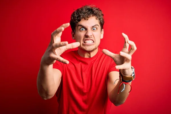 Young Blond Handsome Man Curly Hair Wearing Casual Shirt Red — Stock Photo, Image