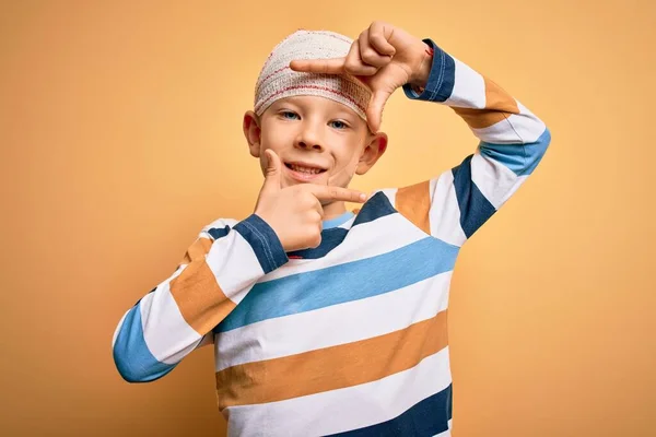 Young Little Caucasian Kid Injured Wearing Medical Bandage Head Yellow — Stock Photo, Image